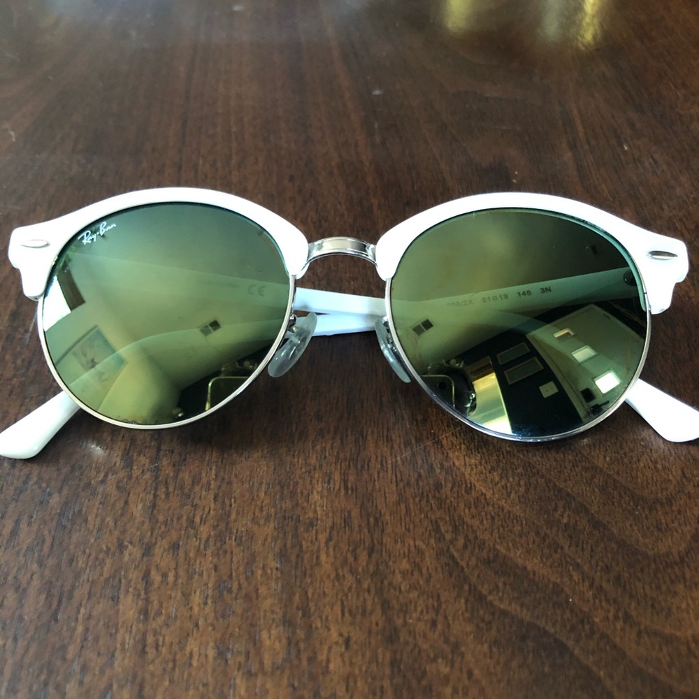 Ray-Ban Women's White Frame Green Mirrored Round Sunglasses - Clubmaster Style